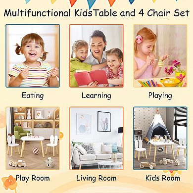 Kids Table and Chair Set, 3-Piece Rabbit Theme, Wooden Play Table Set, Solid Wood Legs, White