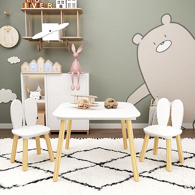 Kids Table and Chair Set, 3-Piece Rabbit Theme, Wooden Play Table Set, Solid Wood Legs, White