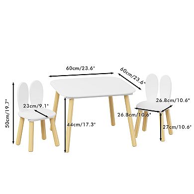 Kids Table and Chair Set, 3-Piece Rabbit Theme, Wooden Play Table Set, Solid Wood Legs, White