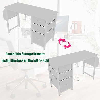 Lufeiya 47.3" Office Desk with Power Outlet, 3 Drawers & Side Pocket, Multi-Use Reversible Desk