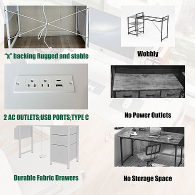 Lufeiya 47.3" Office Desk with Power Outlet, 3 Drawers & Side Pocket, Multi-Use Reversible Desk