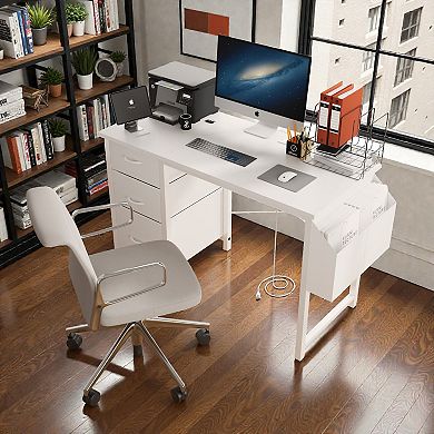 Lufeiya 47.3" Office Desk with Power Outlet, 3 Drawers & Side Pocket, Multi-Use Reversible Desk