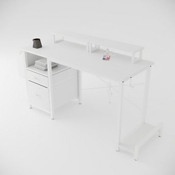 Lufeiya 47.3" Computer Desk with Power Outlet, 2 Movable Monitor Stands, 2 Drawers & Side Pocket