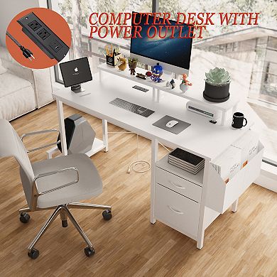 Lufeiya 47.3" Computer Desk with Power Outlet, 2 Movable Monitor Stands, 2 Drawers & Side Pocket