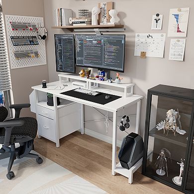 Lufeiya 47.3" Computer Desk with Power Outlet, 2 Movable Monitor Stands, 2 Drawers & Side Pocket