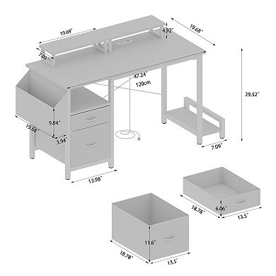Lufeiya 47.3" Computer Desk with Power Outlet, 2 Movable Monitor Stands, 2 Drawers & Side Pocket