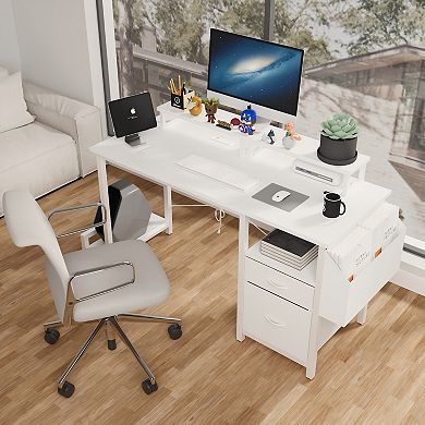 Lufeiya 47.3" Computer Desk with Power Outlet, 2 Movable Monitor Stands, 2 Drawers & Side Pocket