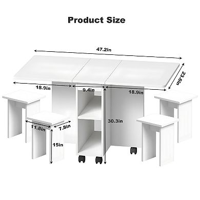 Lufeiya 47.2" Folding Drop Leaf Writing Desk with Storage & 6 Wheels and 4 Chairs for Home Office