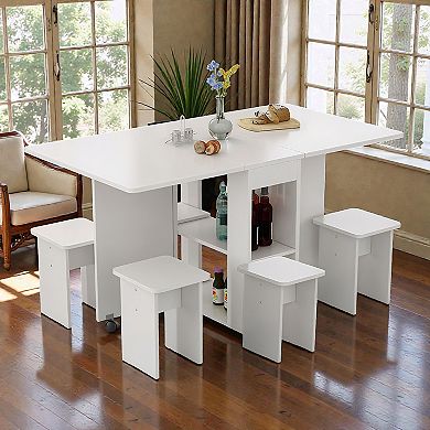 Lufeiya 47.2" Folding Drop Leaf Writing Desk with Storage & 6 Wheels and 4 Chairs for Home Office