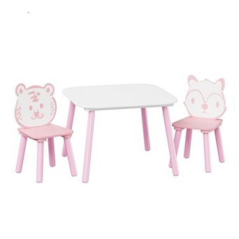 Kids Table and Chair Set, 3 pc Wooden Toddler Desk with Animal Backrest, Activity Table, Pink