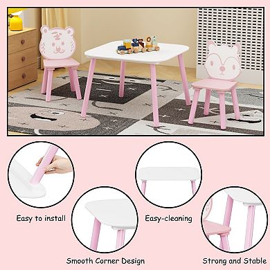 Kids Table and Chair Set, 3-Piece Wooden Toddler Desk with Animal Backrest, Activity Table, Pink
