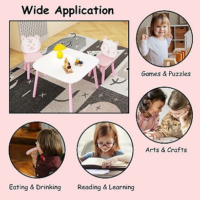 Kids Table and Chair Set, 3-Piece Wooden Toddler Desk with Animal Backrest, Activity Table, Pink