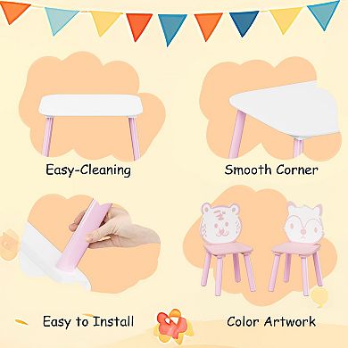 Kids Table and Chair Set, 3-Piece Wooden Toddler Desk with Animal Backrest, Activity Table, Pink