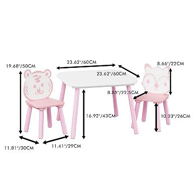 Kids Table and Chair Set, 3-Piece Wooden Toddler Desk with Animal Backrest, Activity Table, Pink