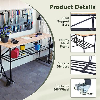 Lufeiya 68.5" Heavy Duty comtuper desk Folding Butcher-Block Workbench, Portable Wood Utility Table