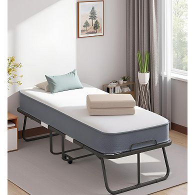 Folding Bed with Mattress for Adults, Lockable Wheels Sturdy Metal Frame Easy Storage