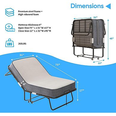 Folding Bed with Mattress for Adults, Lockable Wheels Sturdy Metal Frame Easy Storage