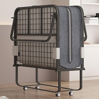 Folding Bed with Mattress for Adults, Lockable Wheels Sturdy Metal Frame Easy Storage