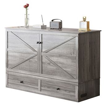 Farmhouse Wooden Murphy Cabinet Bed, Tri-Fold Memory Foam Mattress USB Station 2 Drawers Gray