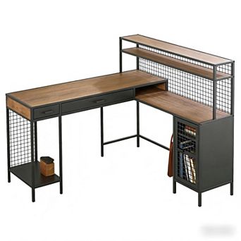 Lufeiya L Shaped Computer Desk with Drawers and Shelves, Industrial Office Desk with Storage Cabinet