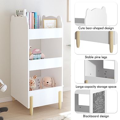 White Bear-shaped Kids' Bookshelf with Side Chalkboard, 3-Tier Storage Space and Storage Rack