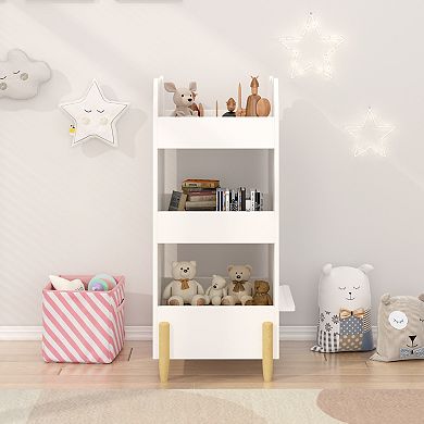 White Bear-shaped Kids' Bookshelf with Side Chalkboard, 3-Tier Storage Space and Storage Rack