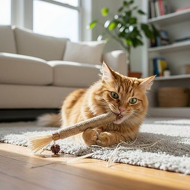 3-piece Natural Rope Cat Toy Stick with Wrapped Fiber Handle and Tassel Ends