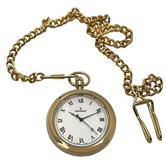 Peugeot Mens 14K Gold Plated Vintage Pocket Watch with Chain