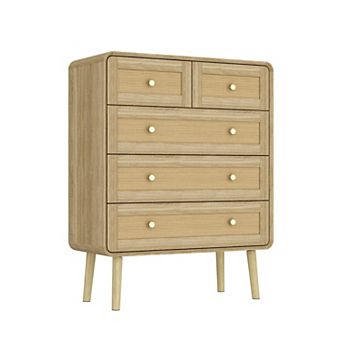 Rattan Inserts Dresser 5-Drawer Chest with Gold Knobs,Home Office Storage Cabinet,Side Table