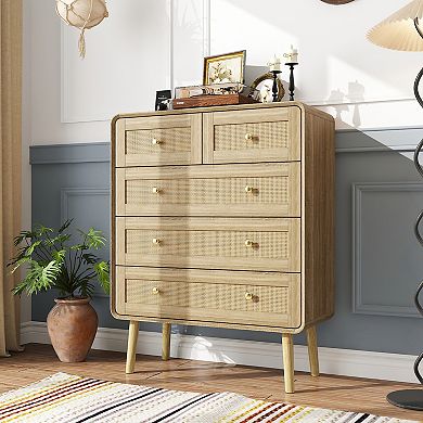 Rattan Inserts Dresser 5-Drawer Chest with Gold Knobs,Home Office Storage Cabinet,Side Table