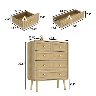 Rattan Inserts Dresser 5-Drawer Chest with Gold Knobs,Home Office Storage Cabinet,Side Table