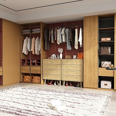 Rattan Inserts Dresser 5-Drawer Chest with Gold Knobs,Home Office Storage Cabinet,Side Table