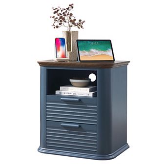 22-inch Groove Nightstand with Charging Station, 2 Drawers and Open Storage, for Bedroom, Navy Blue