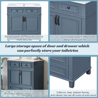 30" Retro Bathroom Vanity, Ceramic Sink & Storage Cabinet with Soft-Close Door, Blue