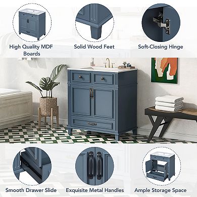 30" Retro Bathroom Vanity, Ceramic Sink & Storage Cabinet with Soft-Close Door, Blue
