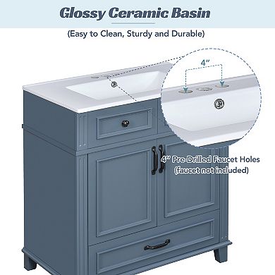 30" Retro Bathroom Vanity, Ceramic Sink & Storage Cabinet with Soft-Close Door, Blue