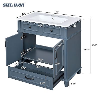 30" Retro Bathroom Vanity, Ceramic Sink & Storage Cabinet with Soft-Close Door, Blue