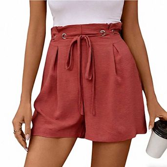 Women's High Waisted Tie-Waist Casual Shorts,Pleated Loose-Fit Solid Shorts for Daily & Summer Wear
