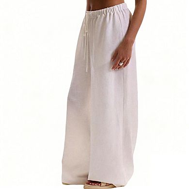 Womens Elastic Waist Drawstring Lightweight Relaxed Wide Leg Pants with Side Pockets