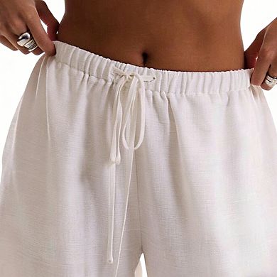 Womens Elastic Waist Drawstring Lightweight Relaxed Wide Leg Pants with Side Pockets