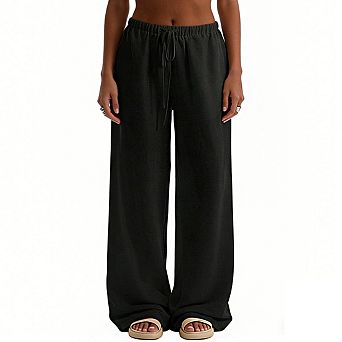 Womens Elastic Waist Drawstring Lightweight Relaxed Wide Leg Pants with Side Pockets