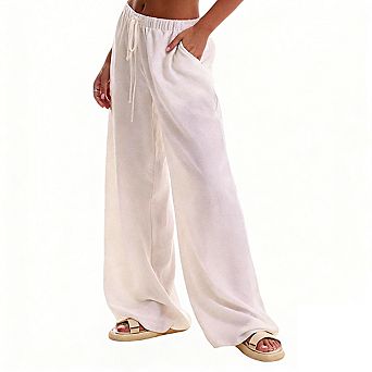 Womens Elastic Waist Drawstring Lightweight Relaxed Wide Leg Pants with Side Pockets