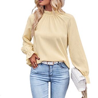 Women's Smocked Mock Neck Blouse - Pleated Long Sleeve Ruffle Cuff Top for Casual Daily Wear
