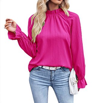 Women's Smocked Mock Neck Blouse - Pleated Long Sleeve Ruffle Cuff Top for Casual Daily Wear