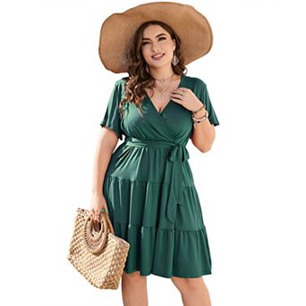 Women's Plus Size Wrap Tiered Midi Dress - V-Neck Belted Casual Dress for Daily Wear