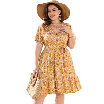 Women's Plus Size Wrap Tiered Midi Dress - V-Neck Belted Casual Dress for Daily Wear