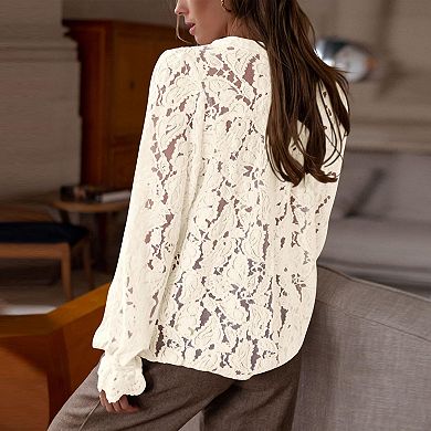 Women's Lace Button-Front Blouse - Puff Sleeve Cropped Top for Casual Daily Wear