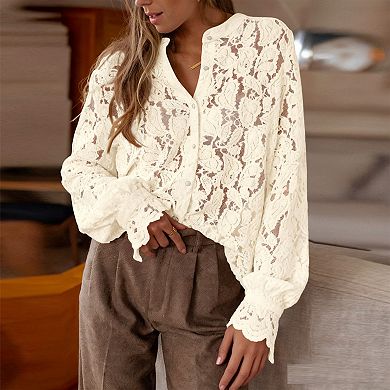 Women's Lace Button-Front Blouse - Puff Sleeve Cropped Top for Casual Daily Wear