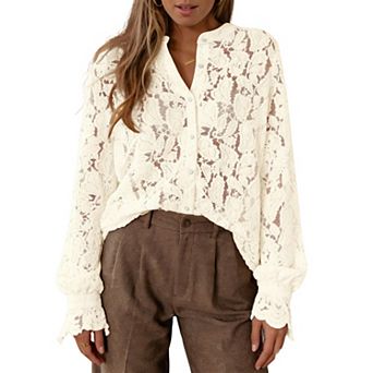 Women's Lace Button-Front Blouse - Puff Sleeve Cropped Top for Casual Daily Wear