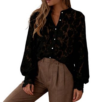 Women's Lace Button-Front Blouse - Puff Sleeve Cropped Top for Casual Daily Wear